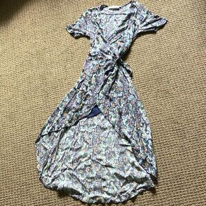 ASTR Womens Small Dress Blue Floral Woven High Low Wrap Tie Waist V Neck Small